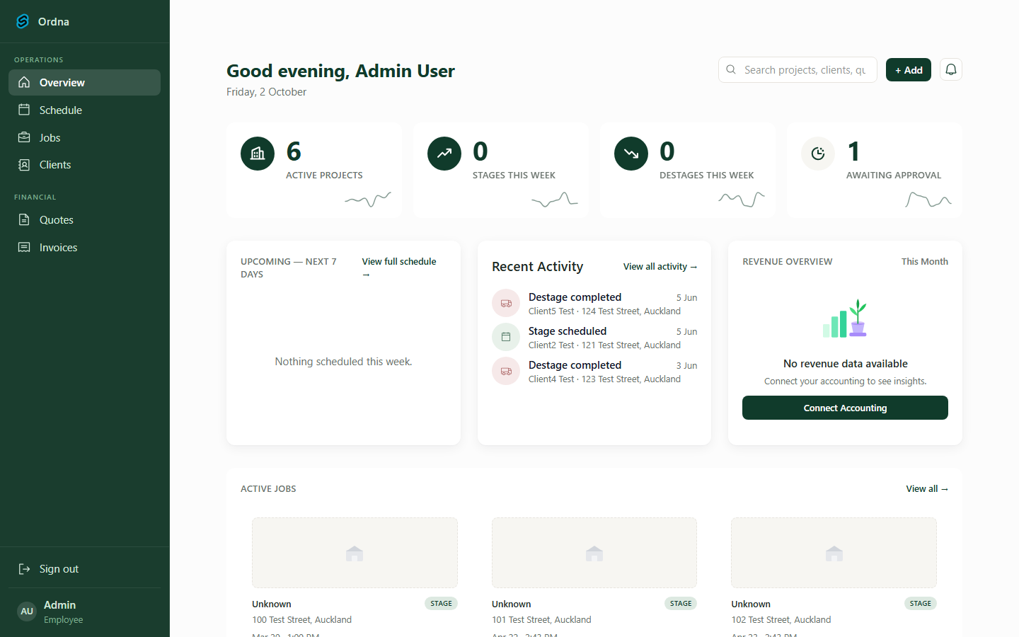 Ordna dashboard overview